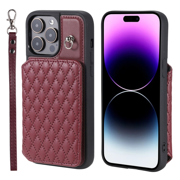 For iPhone 15 Pro Max Grid Texture Card Bag Phone Case with Lanyard(Red) - HoMEdemic™ 