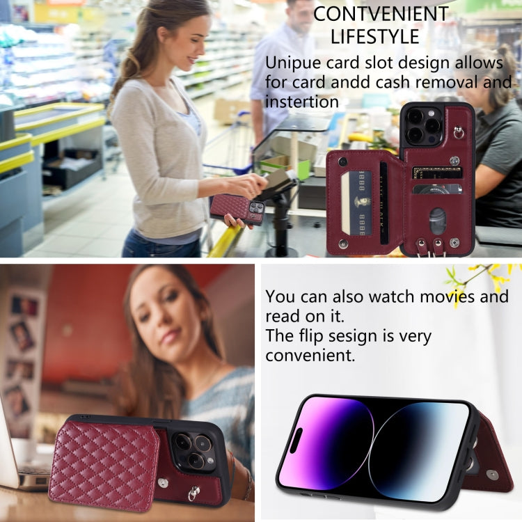 For iPhone 15 Pro Max Grid Texture Card Bag Phone Case with Lanyard(Red) - HoMEdemic™ 