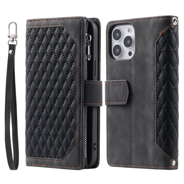 For iPhone 15 Pro Max Grid Texture Zipper Leather Phone Case with Lanyard(Black) - HoMEdemic™ 