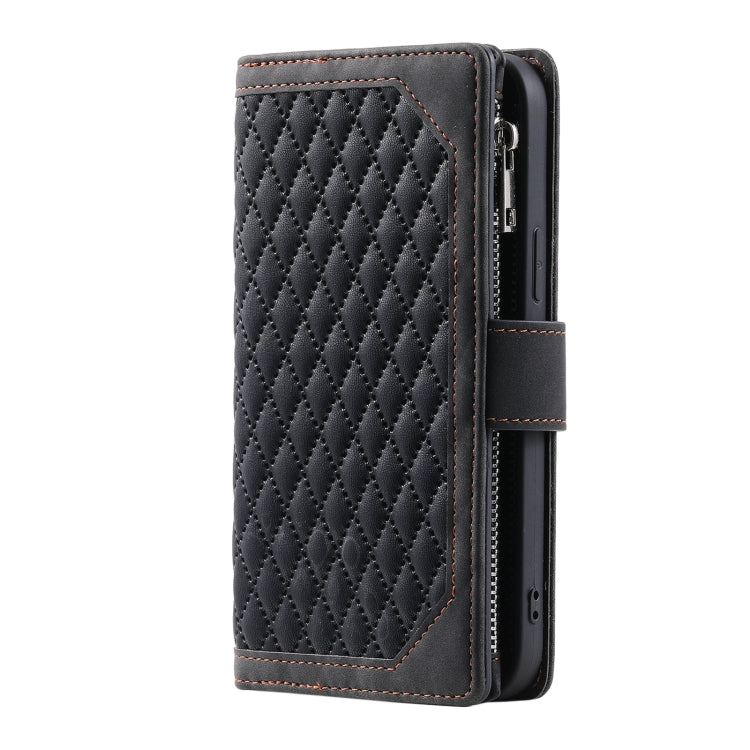 For iPhone 15 Pro Max Grid Texture Zipper Leather Phone Case with Lanyard(Black) - HoMEdemic™ 