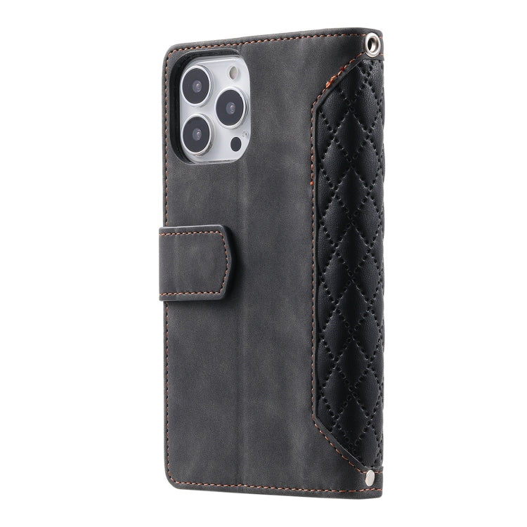 For iPhone 15 Pro Max Grid Texture Zipper Leather Phone Case with Lanyard(Black) - HoMEdemic™ 