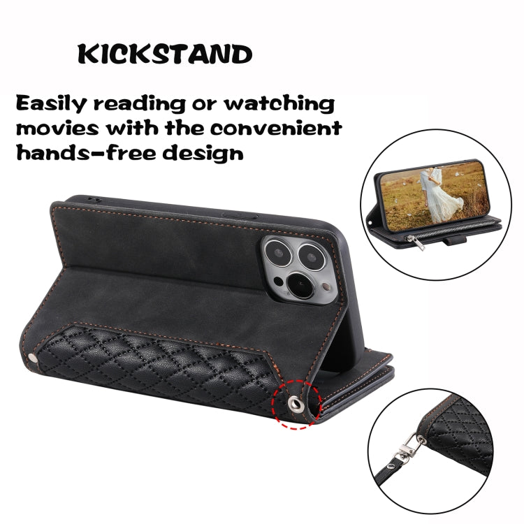 For iPhone 15 Pro Max Grid Texture Zipper Leather Phone Case with Lanyard(Black) - HoMEdemic™ 