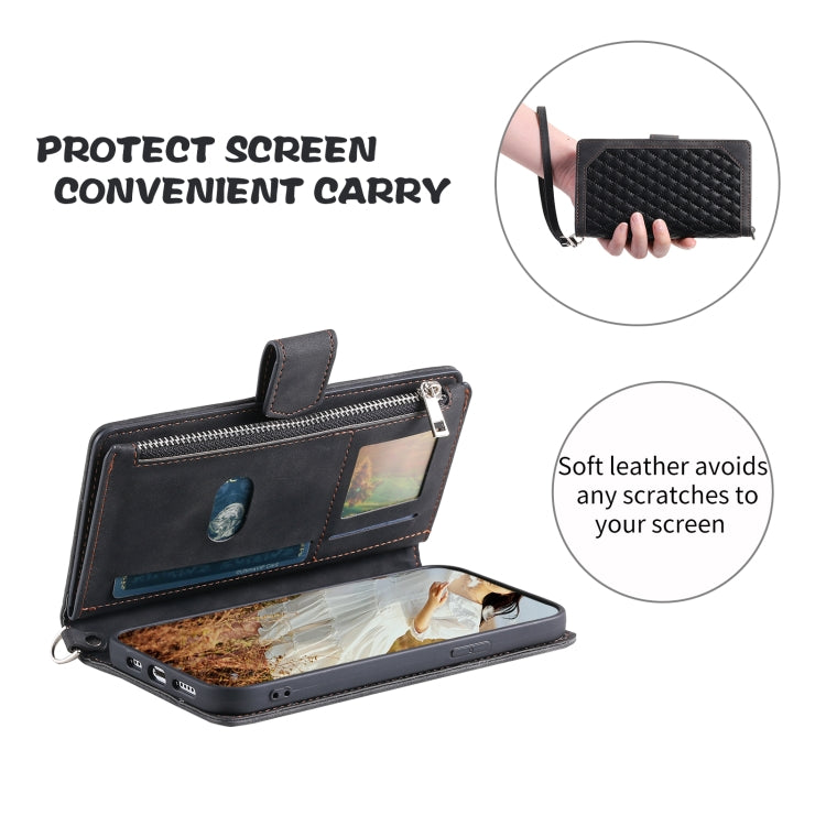 For iPhone 15 Pro Max Grid Texture Zipper Leather Phone Case with Lanyard(Black) - HoMEdemic™ 