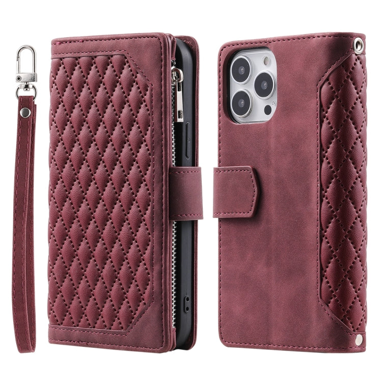 For iPhone 15 Pro Max Grid Texture Zipper Leather Phone Case with Lanyard(Wine Red) - HoMEdemic™ 