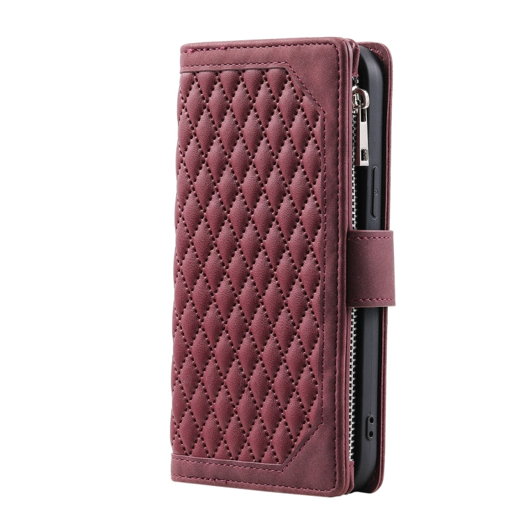 For iPhone 15 Pro Max Grid Texture Zipper Leather Phone Case with Lanyard(Wine Red) - HoMEdemic™ 