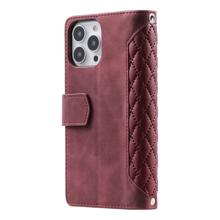 For iPhone 15 Pro Max Grid Texture Zipper Leather Phone Case with Lanyard(Wine Red) - HoMEdemic™ 