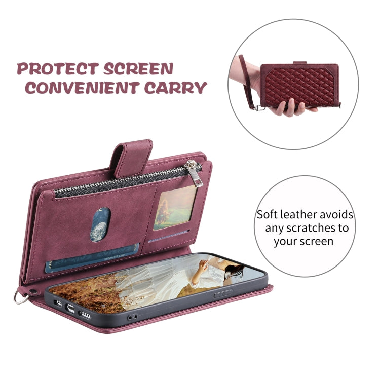 For iPhone 15 Pro Max Grid Texture Zipper Leather Phone Case with Lanyard(Wine Red) - HoMEdemic™ 