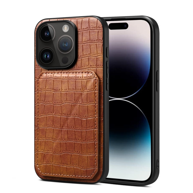 For iPhone 15 Pro Max Imitation Crocodile Leather Back Phone Case with Holder(Brown) - HoMEdemic™ 