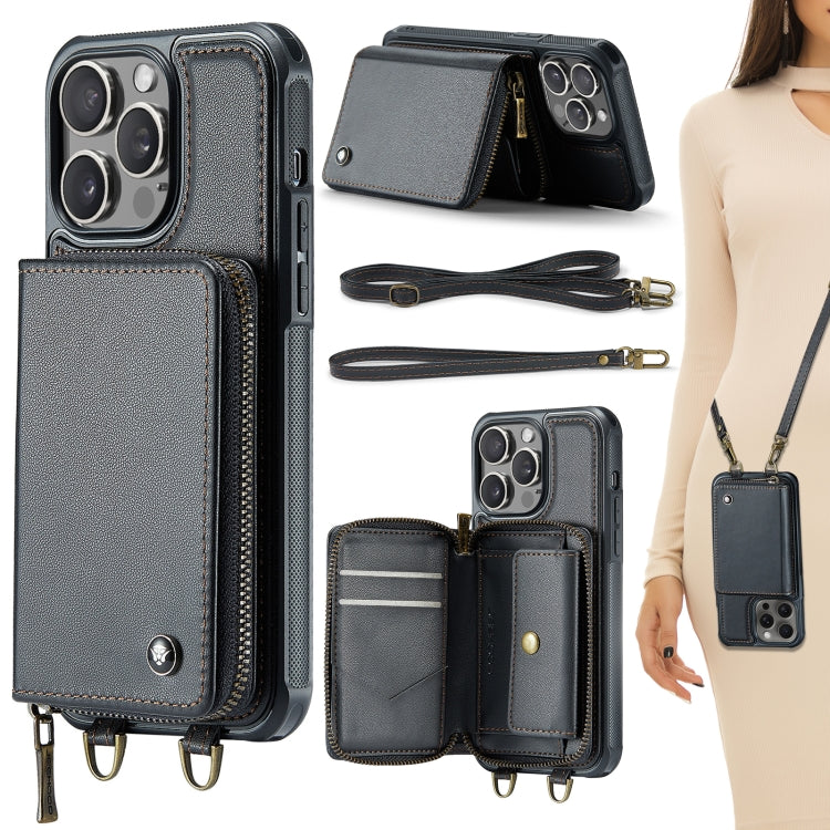 For iPhone 15 Pro Max JEEHOOD C22 Series Zipper Wallet Leather Phone Case with Dual Lanyard(Black) - HoMEdemic™ 