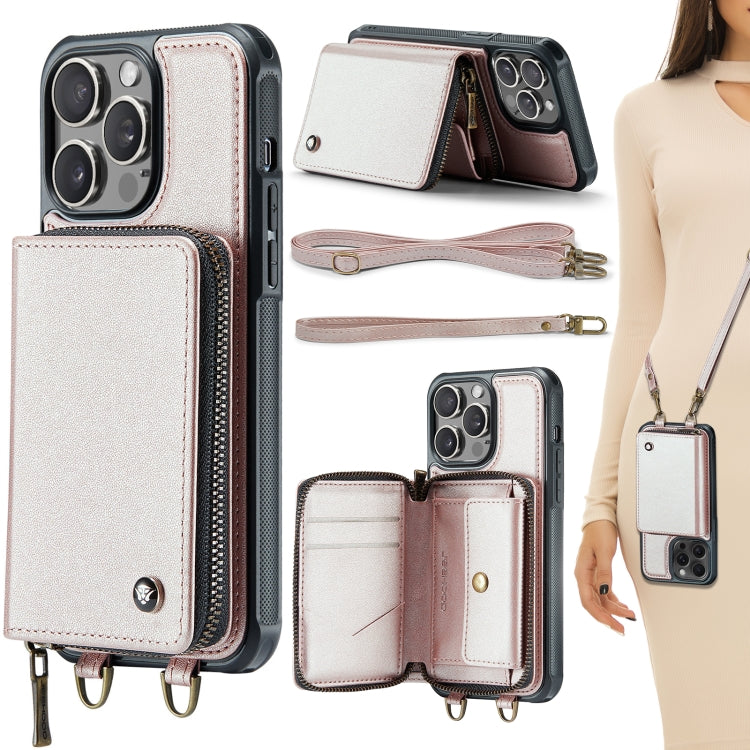For iPhone 15 Pro Max JEEHOOD C22 Series Zipper Wallet Leather Phone Case with Dual Lanyard(Rose Gold) - HoMEdemic™ 