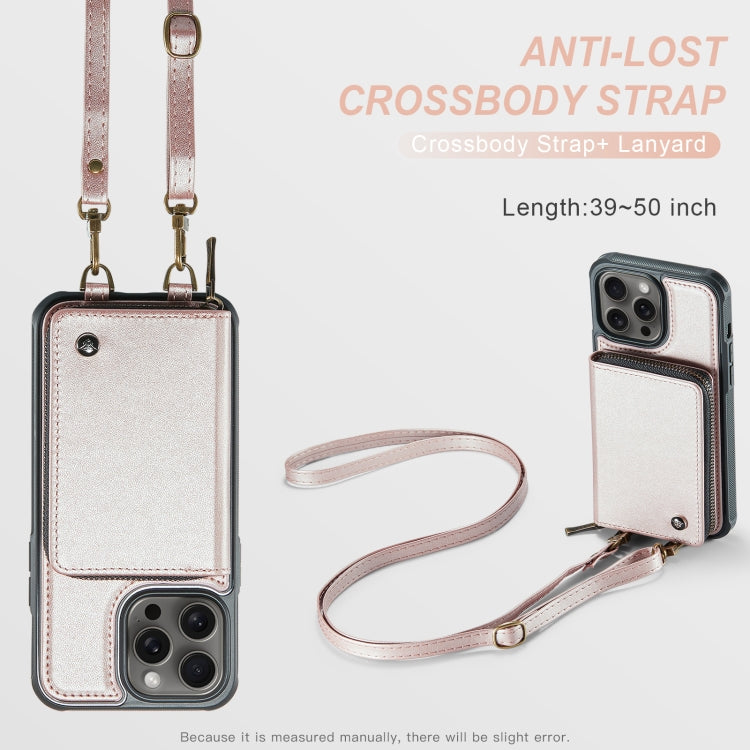 For iPhone 15 Pro Max JEEHOOD C22 Series Zipper Wallet Leather Phone Case with Dual Lanyard(Rose Gold) - HoMEdemic™ 