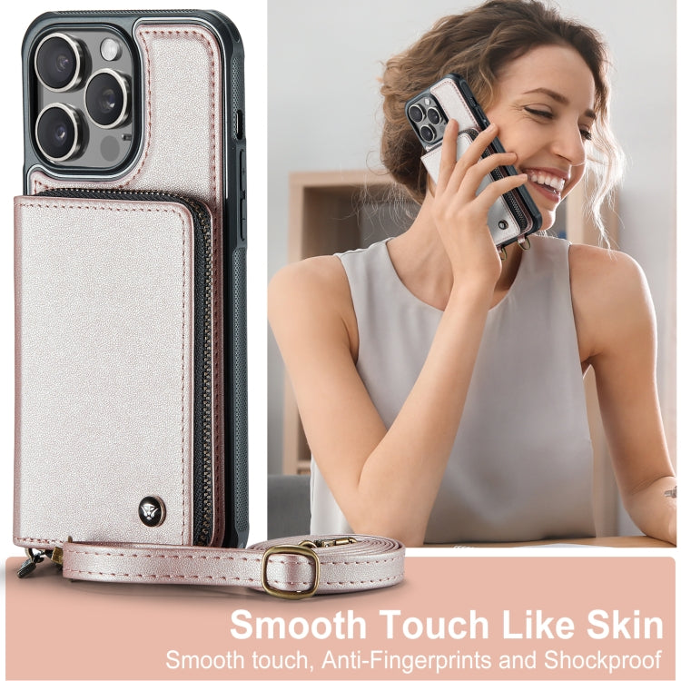 For iPhone 15 Pro Max JEEHOOD C22 Series Zipper Wallet Leather Phone Case with Dual Lanyard(Rose Gold) - HoMEdemic™ 
