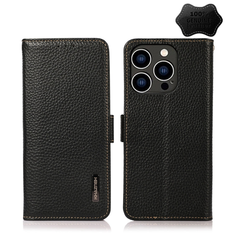 For iPhone 15 Pro Max KHAZNEH Side-Magnetic Litchi Genuine Leather RFID Phone Case(Black) - HoMEdemic™ 