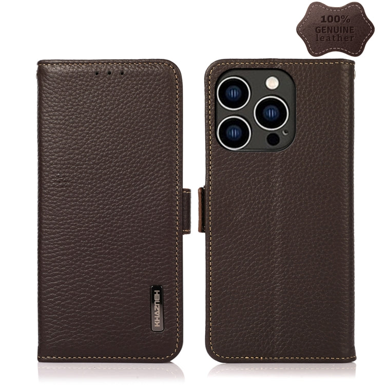 For iPhone 15 Pro Max KHAZNEH Side-Magnetic Litchi Genuine Leather RFID Phone Case(Brown) - HoMEdemic™ 