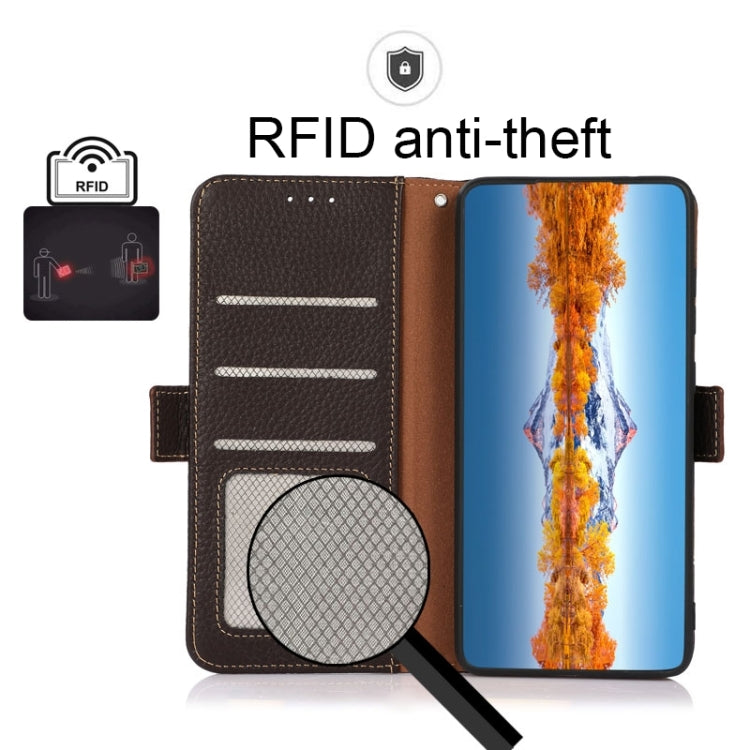 For iPhone 15 Pro Max KHAZNEH Side-Magnetic Litchi Genuine Leather RFID Phone Case(Brown) - HoMEdemic™ 