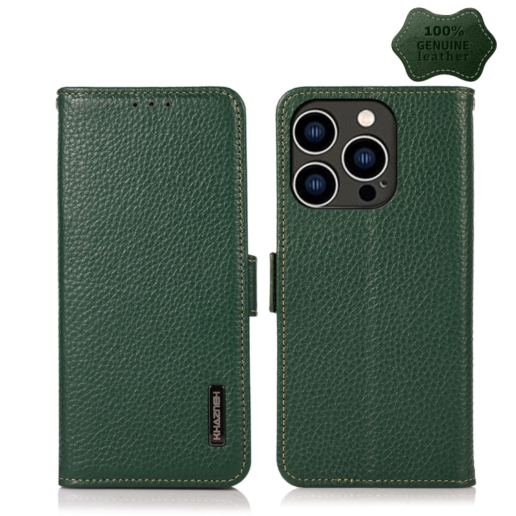 For iPhone 15 Pro Max KHAZNEH Side-Magnetic Litchi Genuine Leather RFID Phone Case(Green) - HoMEdemic™ 