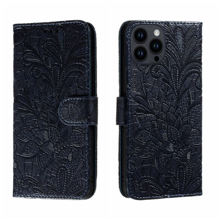 For iPhone 15 Pro Max Lace Flower Embossing Flip Leather Phone Case(Dark Blue) - HoMEdemic™ 