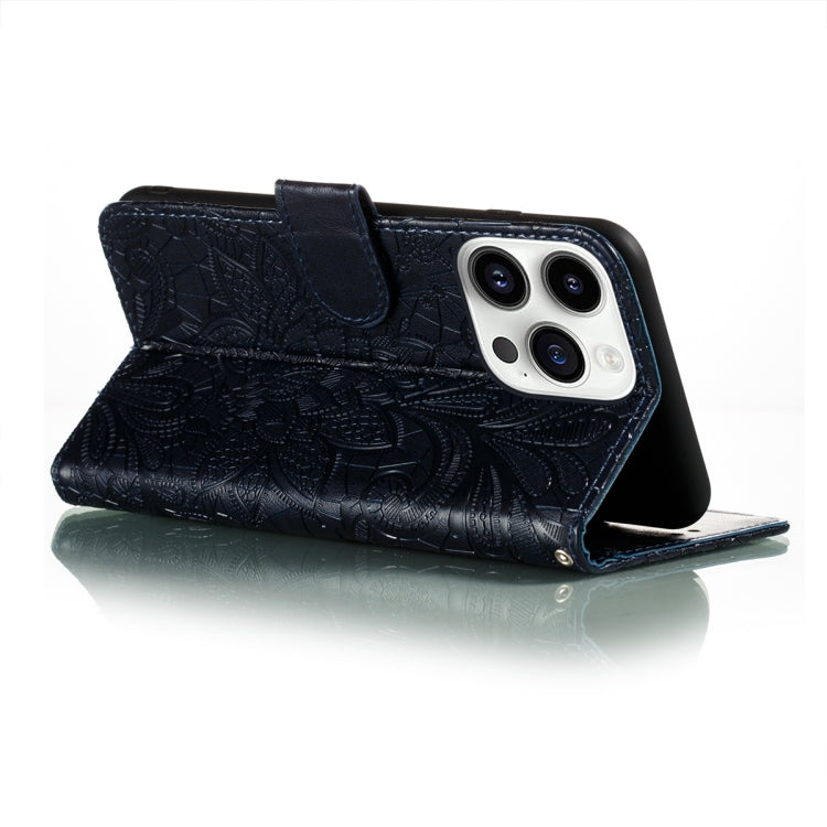 For iPhone 15 Pro Max Lace Flower Embossing Flip Leather Phone Case(Dark Blue) - HoMEdemic™ 
