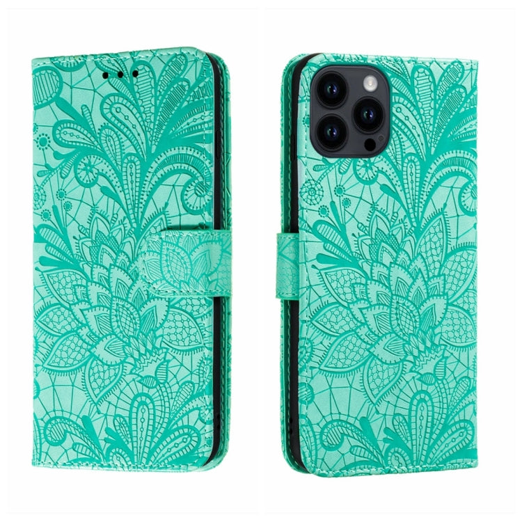 For iPhone 15 Pro Max Lace Flower Embossing Flip Leather Phone Case(Green) - HoMEdemic™ 