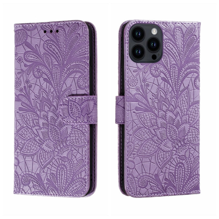 For iPhone 15 Pro Max Lace Flower Embossing Flip Leather Phone Case(Purple) - HoMEdemic™ 