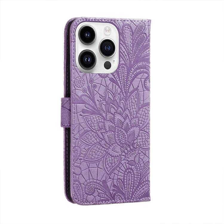 For iPhone 15 Pro Max Lace Flower Embossing Flip Leather Phone Case(Purple) - HoMEdemic™ 