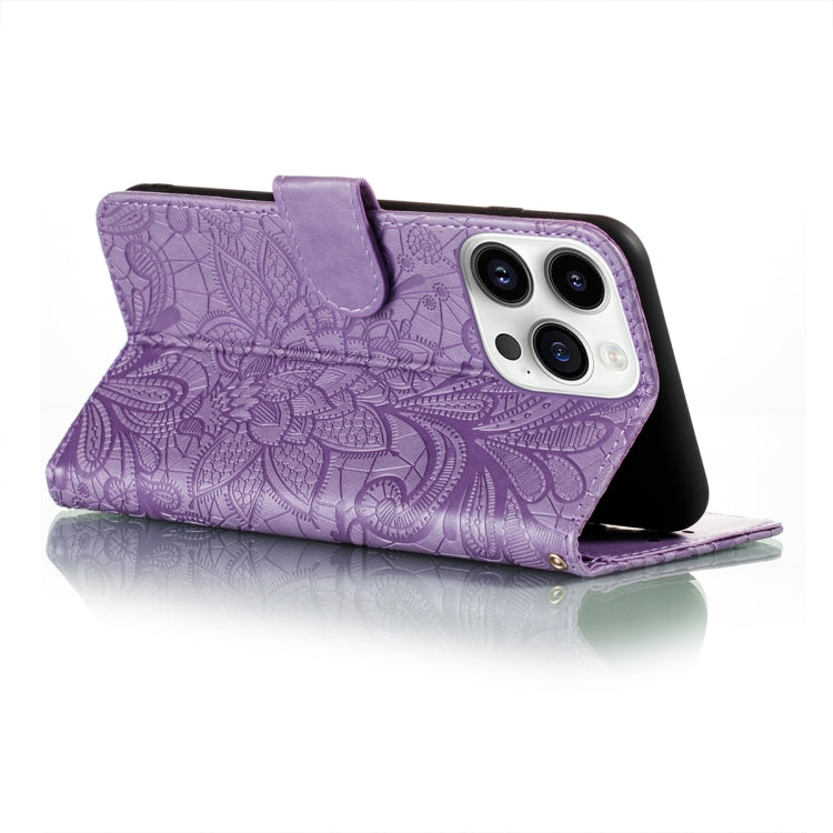For iPhone 15 Pro Max Lace Flower Embossing Flip Leather Phone Case(Purple) - HoMEdemic™ 