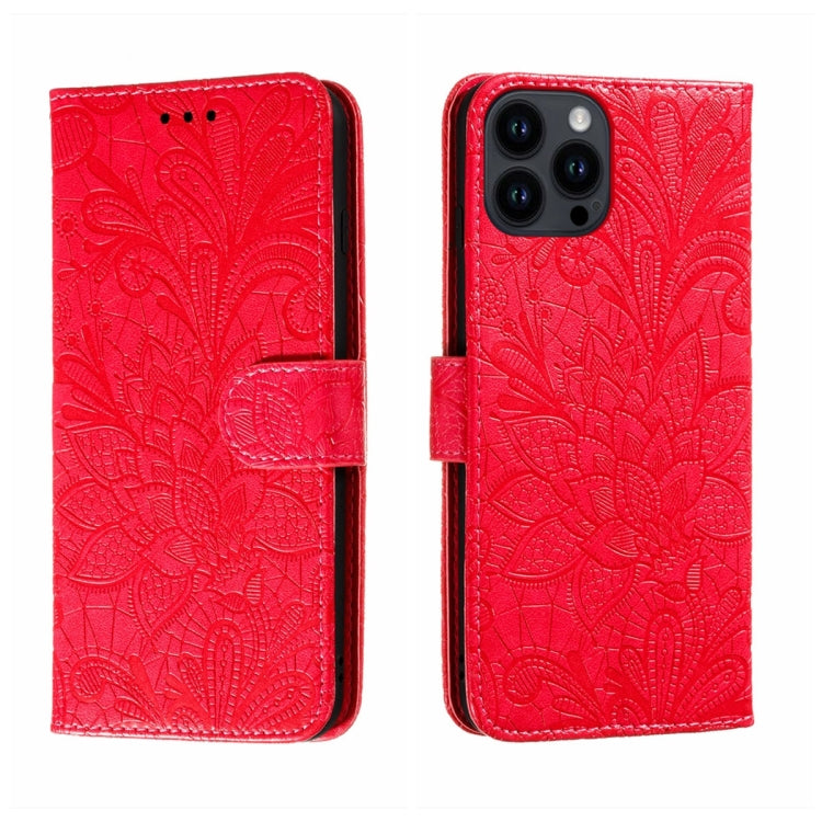 For iPhone 15 Pro Max Lace Flower Embossing Flip Leather Phone Case(Red) - HoMEdemic™ 