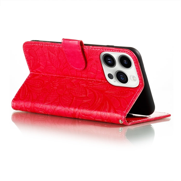 For iPhone 15 Pro Max Lace Flower Embossing Flip Leather Phone Case(Red) - HoMEdemic™ 