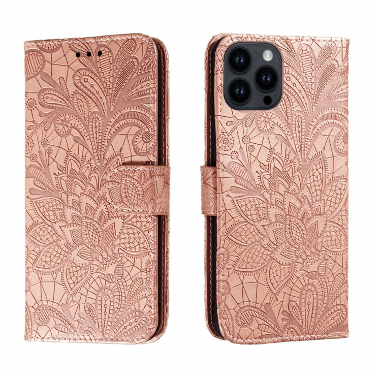 For iPhone 15 Pro Max Lace Flower Embossing Flip Leather Phone Case(Rose Gold) - HoMEdemic™ 