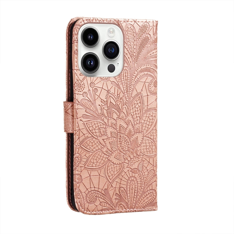 For iPhone 15 Pro Max Lace Flower Embossing Flip Leather Phone Case(Rose Gold) - HoMEdemic™ 