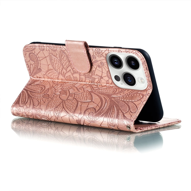 For iPhone 15 Pro Max Lace Flower Embossing Flip Leather Phone Case(Rose Gold) - HoMEdemic™ 