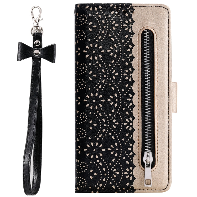 For iPhone 15 Pro Max Lace Pattern Double Button Zipper Leather Phone Case with Lanyard(Black) - HoMEdemic™ 