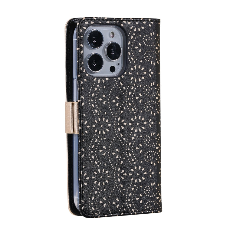 For iPhone 15 Pro Max Lace Pattern Double Button Zipper Leather Phone Case with Lanyard(Black) - HoMEdemic™ 