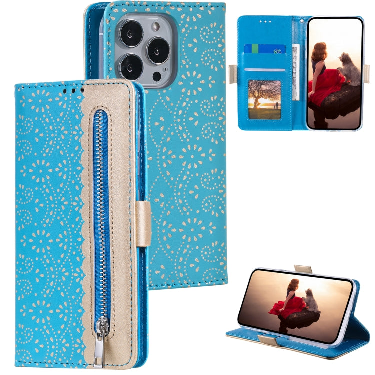 For iPhone 15 Pro Max Lace Pattern Double Button Zipper Leather Phone Case with Lanyard(Blue) - HoMEdemic™ 