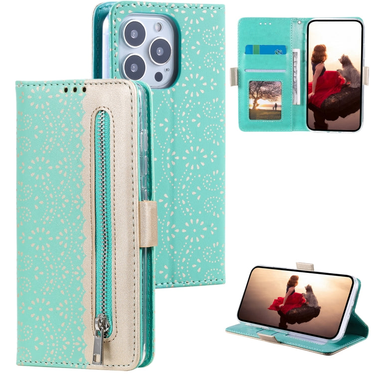 For iPhone 15 Pro Max Lace Pattern Double Button Zipper Leather Phone Case with Lanyard(Green) - HoMEdemic™ 