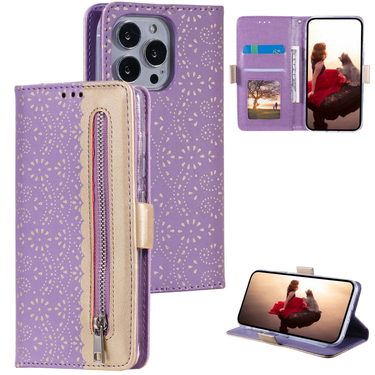 For iPhone 15 Pro Max Lace Pattern Double Button Zipper Leather Phone Case with Lanyard(Purple) - HoMEdemic™ 