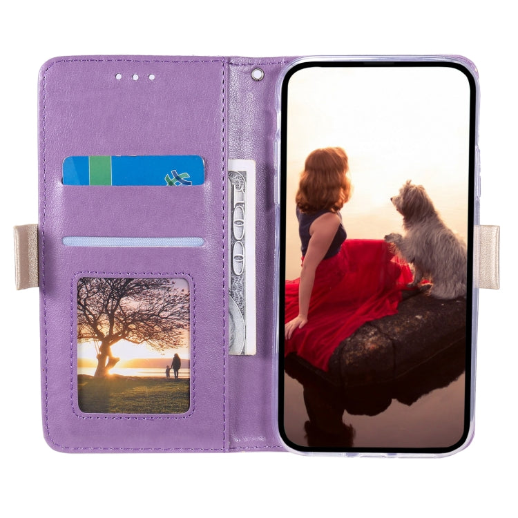 For iPhone 15 Pro Max Lace Pattern Double Button Zipper Leather Phone Case with Lanyard(Purple) - HoMEdemic™ 