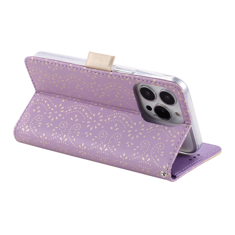 For iPhone 15 Pro Max Lace Pattern Double Button Zipper Leather Phone Case with Lanyard(Purple) - HoMEdemic™ 