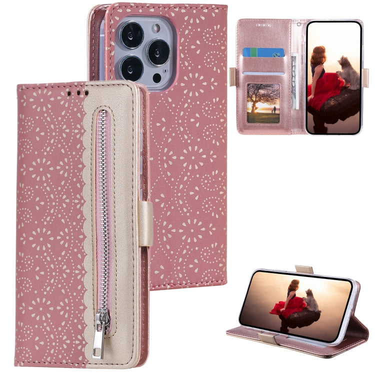 For iPhone 15 Pro Max Lace Pattern Double Button Zipper Leather Phone Case with Lanyard(Rose Gold) - HoMEdemic™ 