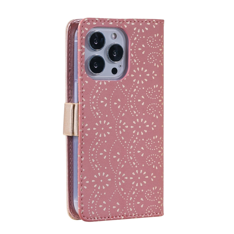 For iPhone 15 Pro Max Lace Pattern Double Button Zipper Leather Phone Case with Lanyard(Rose Gold) - HoMEdemic™ 