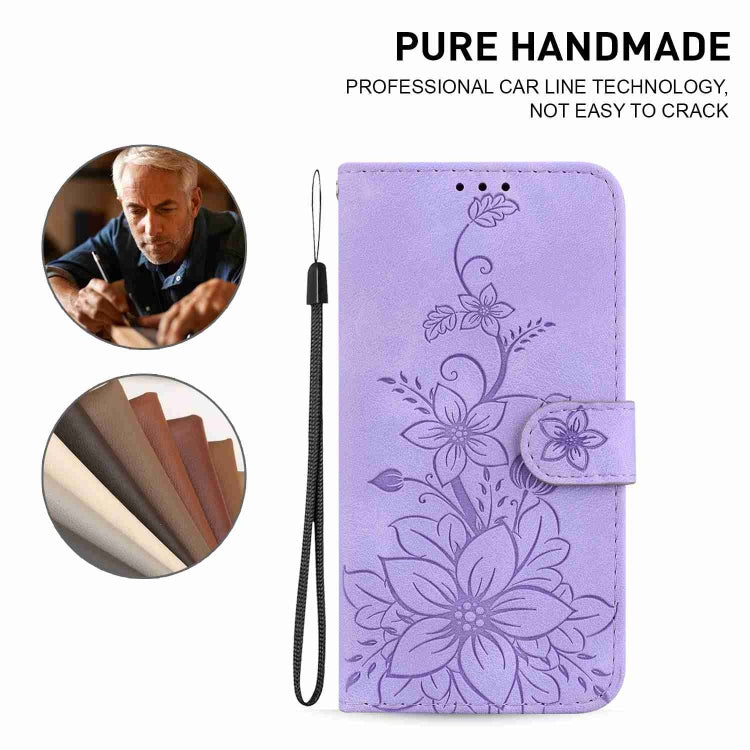 For iPhone 15 Pro Max Lily Embossed Leather Phone Case(Purple) - HoMEdemic™ 