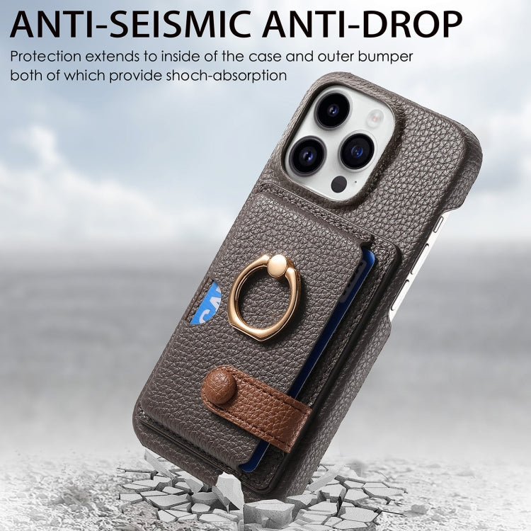 For iPhone 15 Pro Max Litchi Leather Oil Edge Ring Card Back Phone Case(Grey) - HoMEdemic™ 