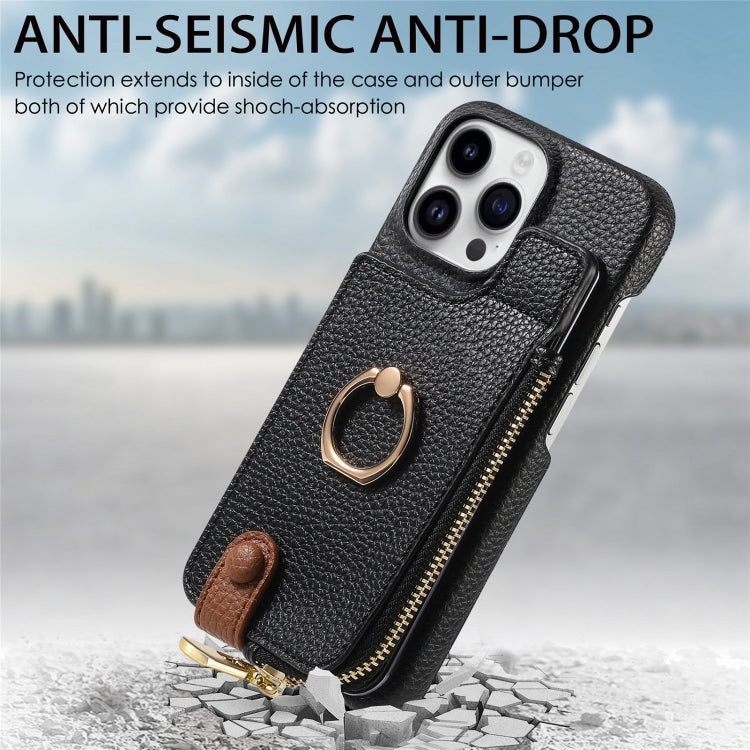 For iPhone 15 Pro Max Litchi Leather Oil Edge Ring Zipper Wallet Back Phone Case(Black) - HoMEdemic™ 
