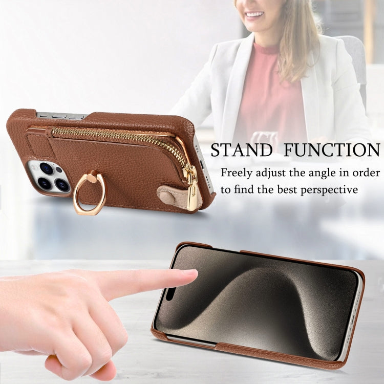 For iPhone 15 Pro Max Litchi Leather Oil Edge Ring Zipper Wallet Back Phone Case(Brown) - HoMEdemic™ 