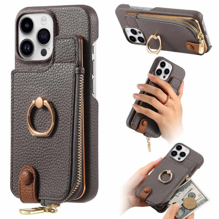 For iPhone 15 Pro Max Litchi Leather Oil Edge Ring Zipper Wallet Back Phone Case(Grey) - HoMEdemic™ 