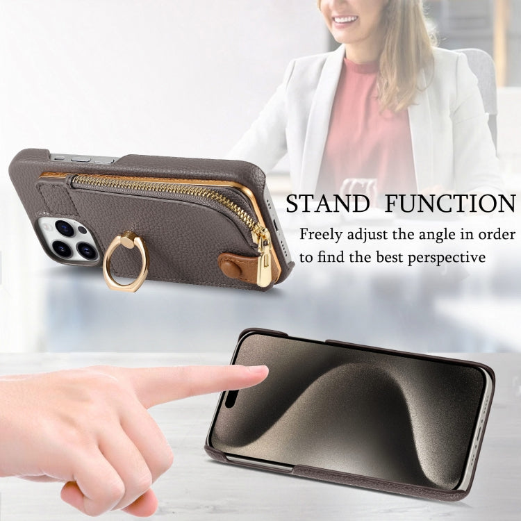For iPhone 15 Pro Max Litchi Leather Oil Edge Ring Zipper Wallet Back Phone Case(Grey) - HoMEdemic™ 