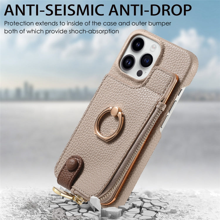 For iPhone 15 Pro Max Litchi Leather Oil Edge Ring Zipper Wallet Back Phone Case(Khaki) - HoMEdemic™ 