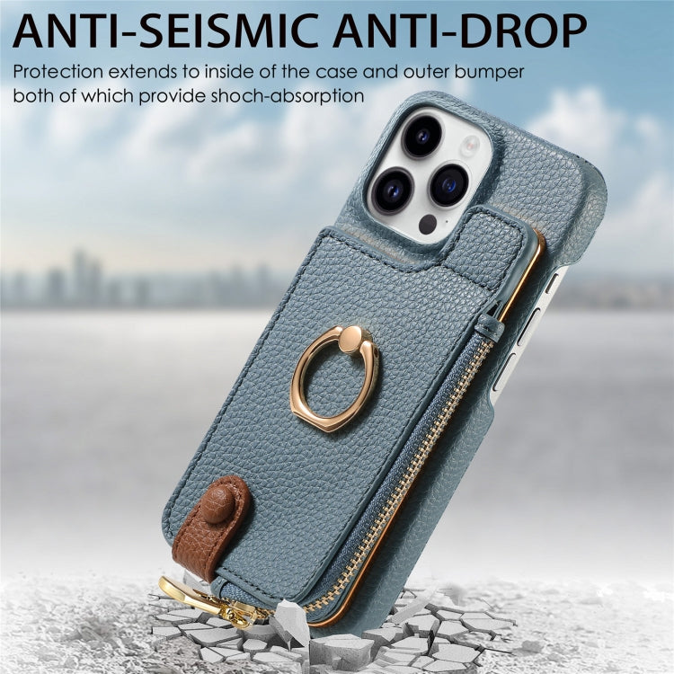 For iPhone 15 Pro Max Litchi Leather Oil Edge Ring Zipper Wallet Back Phone Case(Light Blue) - HoMEdemic™ 