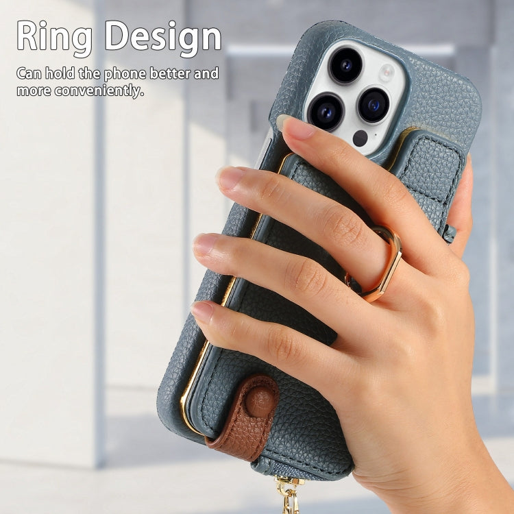 For iPhone 15 Pro Max Litchi Leather Oil Edge Ring Zipper Wallet Back Phone Case(Light Blue) - HoMEdemic™ 