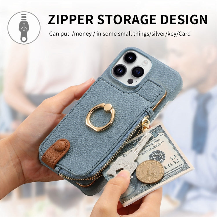 For iPhone 15 Pro Max Litchi Leather Oil Edge Ring Zipper Wallet Back Phone Case(Light Blue) - HoMEdemic™ 